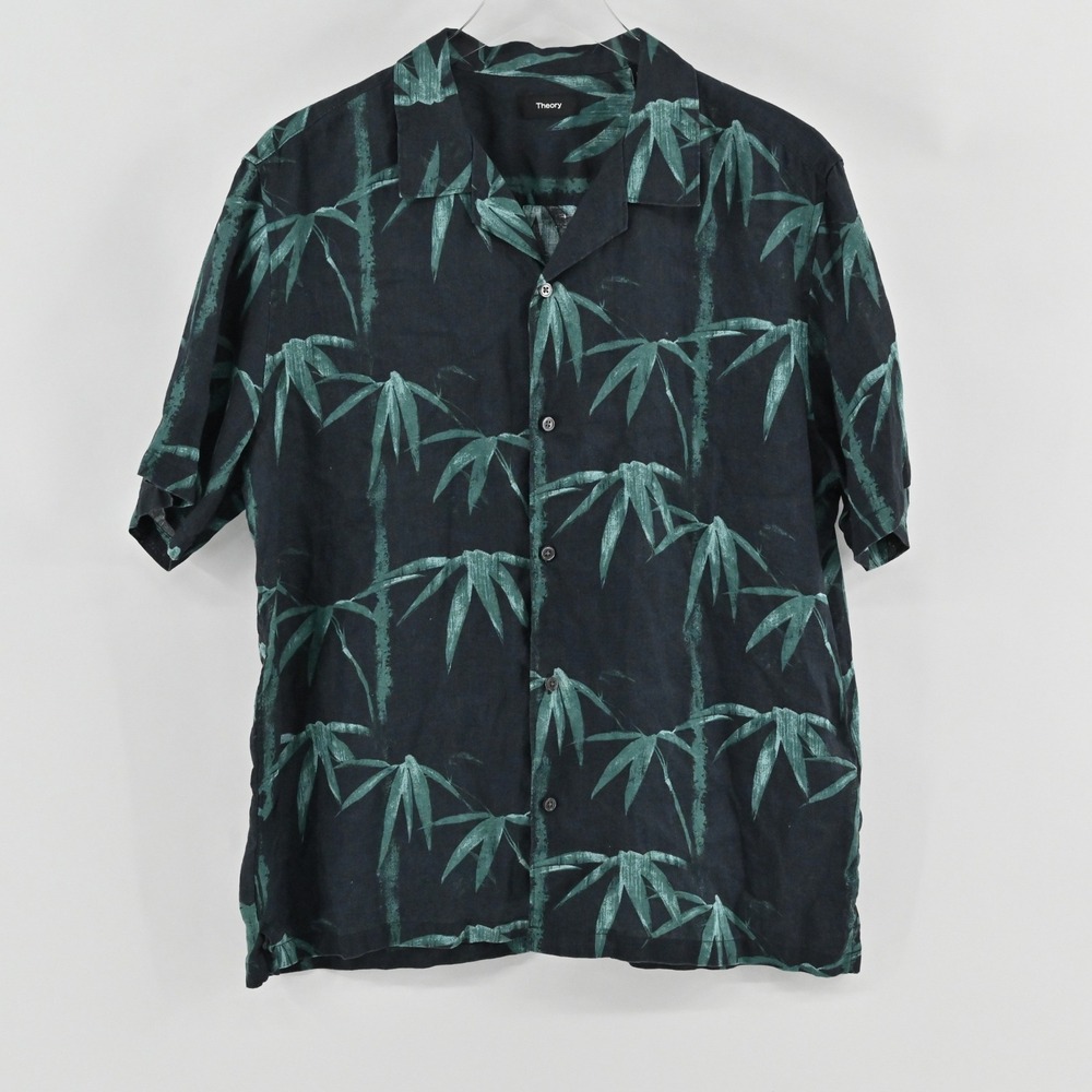 Theory Irving Bamboo Shirt Mens Size XL Black Teal Linen Tropical Button Resort - Picture 1 of 9